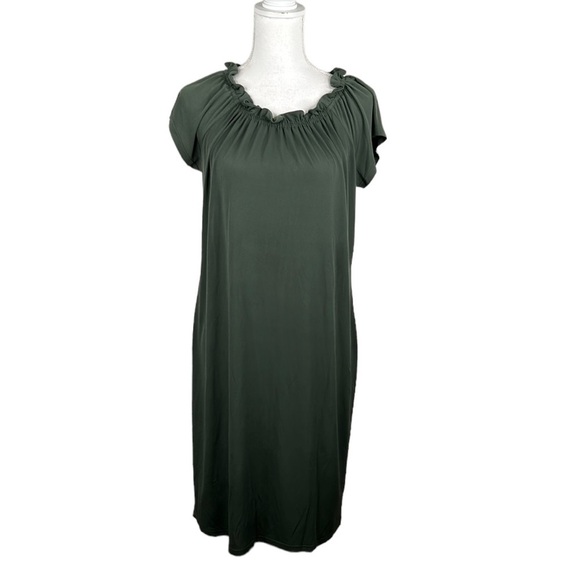 Isaac Mizarahi Olive Green Ruffle Neck Short Sleeve Midi Dress Size Small - Picture 1 of 7